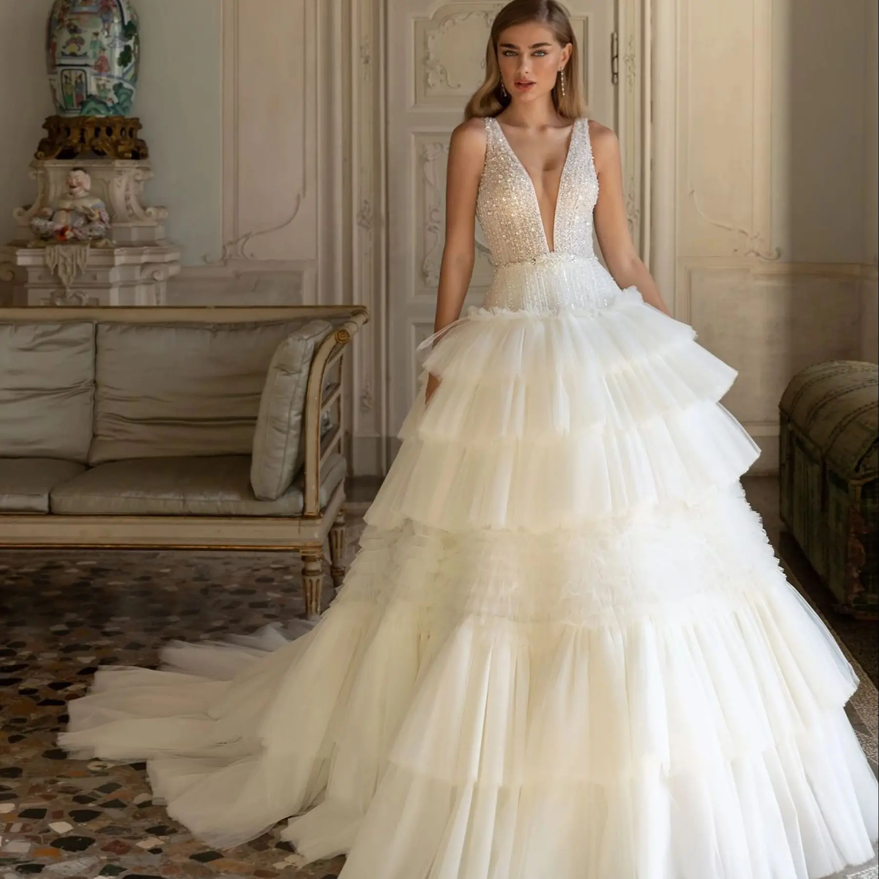 

2023 Modern A-Line Wedding Dress Deep V-neck Sparkly Beading Sequined Sleeveless Bridal Gown Tiered Ruffles Vestidos De Novia