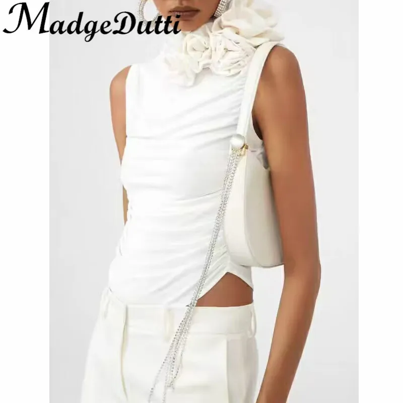 

3.16 MadgeDutti Temperament Solid Color Handmade Flower Stand Collar Sleeveless Ruched Stretch Tank Top Women