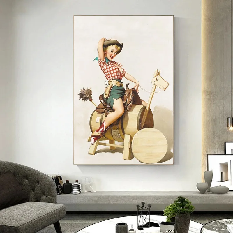Фото PinUp Cowgirl настенное искусство ретро западный холст с принтом винтажный американский декор для гостиной Ranch домашняя галерея Настенный декор подарок №3