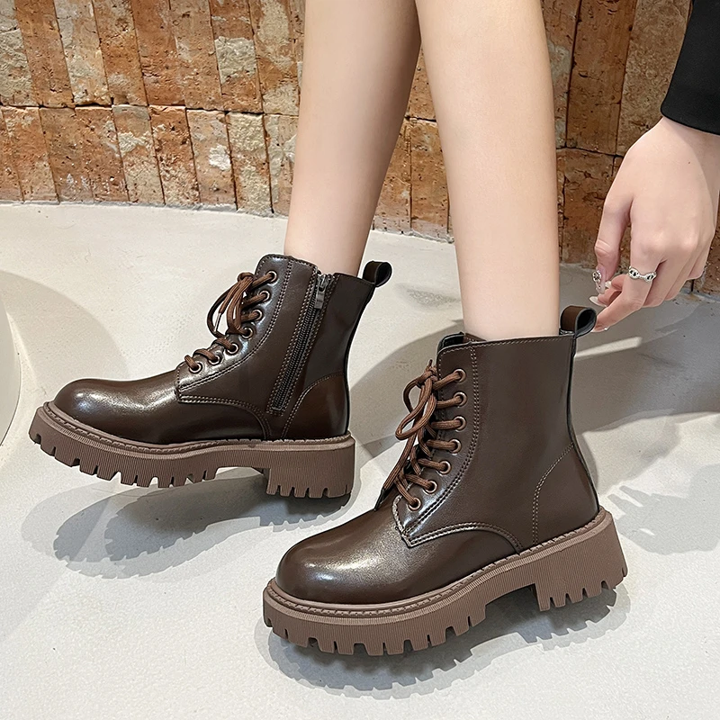 Women's Patent Leather Boots Ankle Boots Women's Chunky Heels Women's Flat Booties Rubber Sole Boots Botas  Women Shoes