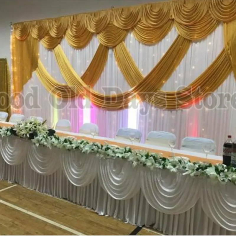 

3M X 6M Pure White Wedding Backdrop With Gold Swags Wedding Background Decoration