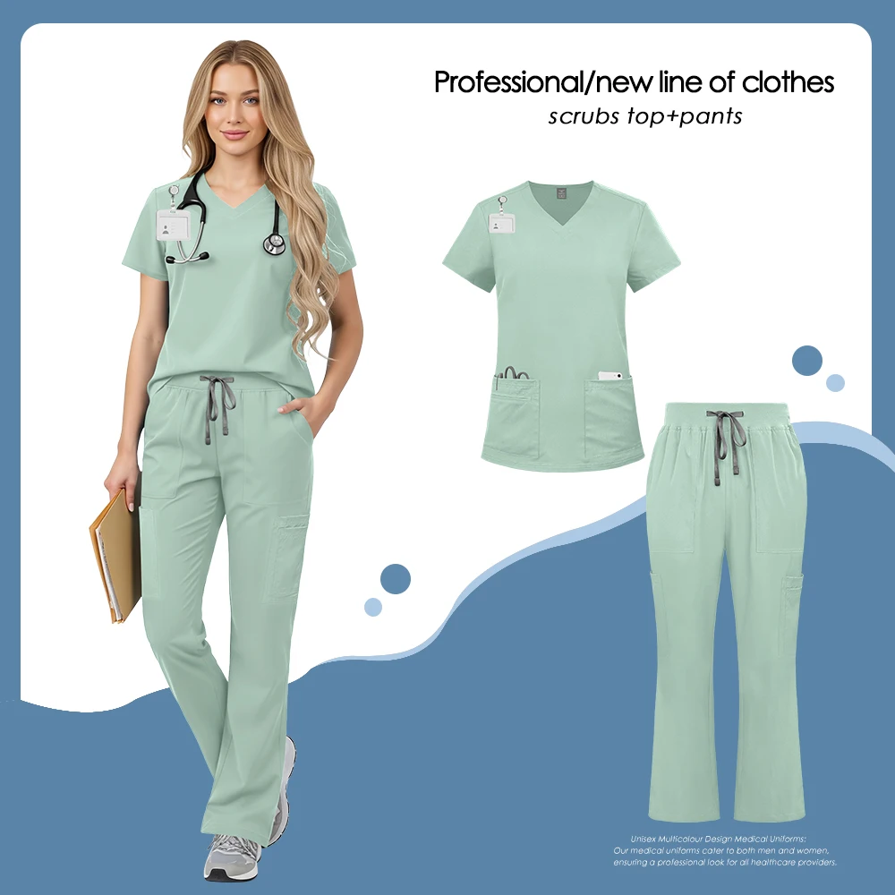Фото Медицинская униформа Beauty Workwear: топ и брюки, комплект для больниц и стоматологических клиник, женский рабочий костюм, хирургический костюм, с возможностью нанесения логотипа №4