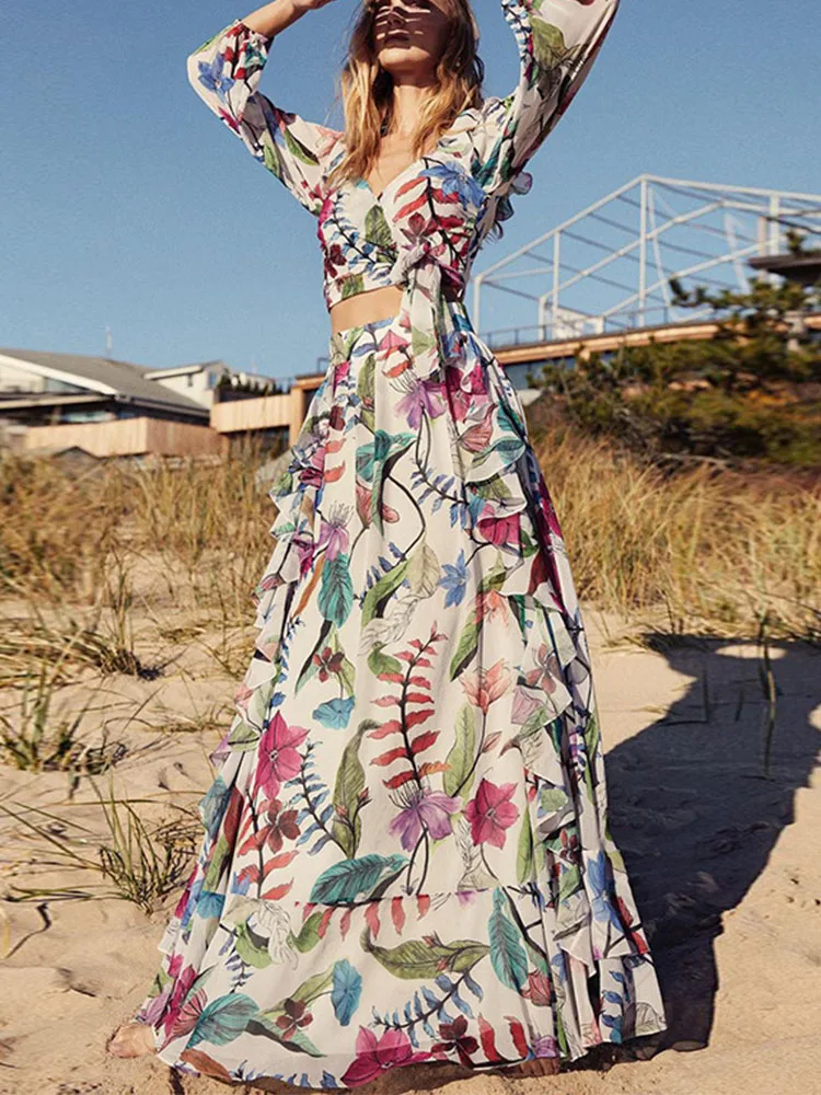 

Women Elegant Skirt Two Two Piece Outfits Slim Printed Long Sleeve Crop Tops+High Waist Ladies Ol Street Set Beach Party Suits