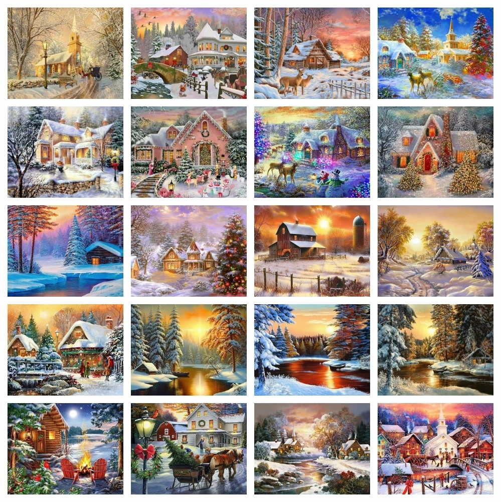 

AZQSD Diamond Embroidery House Winter Landscape Needlework Art Handmade Gift Painting 5d Sunset Christmas Gift Rhinestones