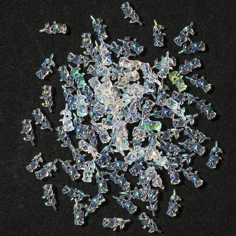 

100Pcs 3D Cute Resin Aurora Rose Flowers Nail Art Decorations For Jewelry Charms DIY Manicure Nails Glitter Accessories