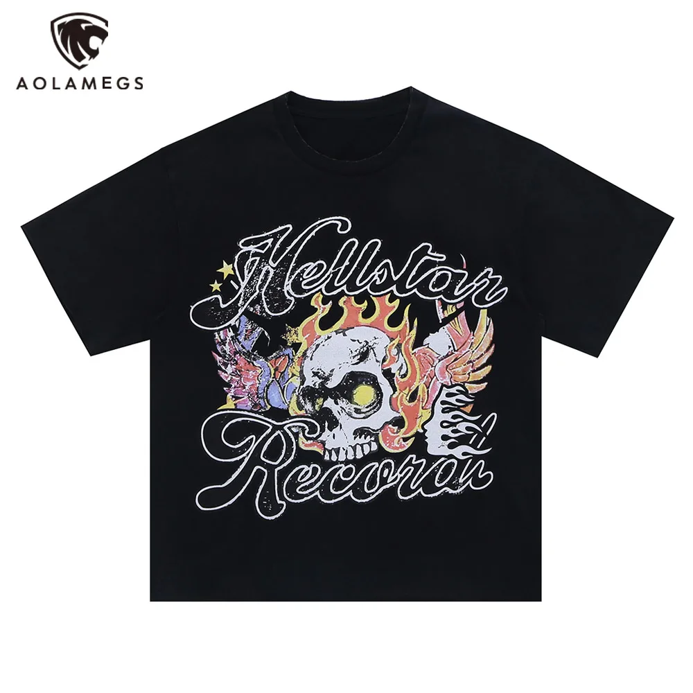 

Skull Letter Printed Casual T-shirts Vintage Men Hip Hop Flame Graphic Loose Short Sleeves High Street Cotton Harajuku Tops Tees
