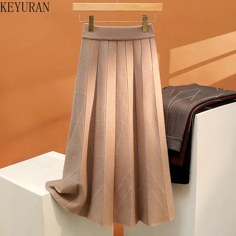 

High Elastic Waist Knitted Skirt Women Autumn Winter Korean Fashion Vintage Long Skirts Female Black Solid Knitting A-Line Skirt