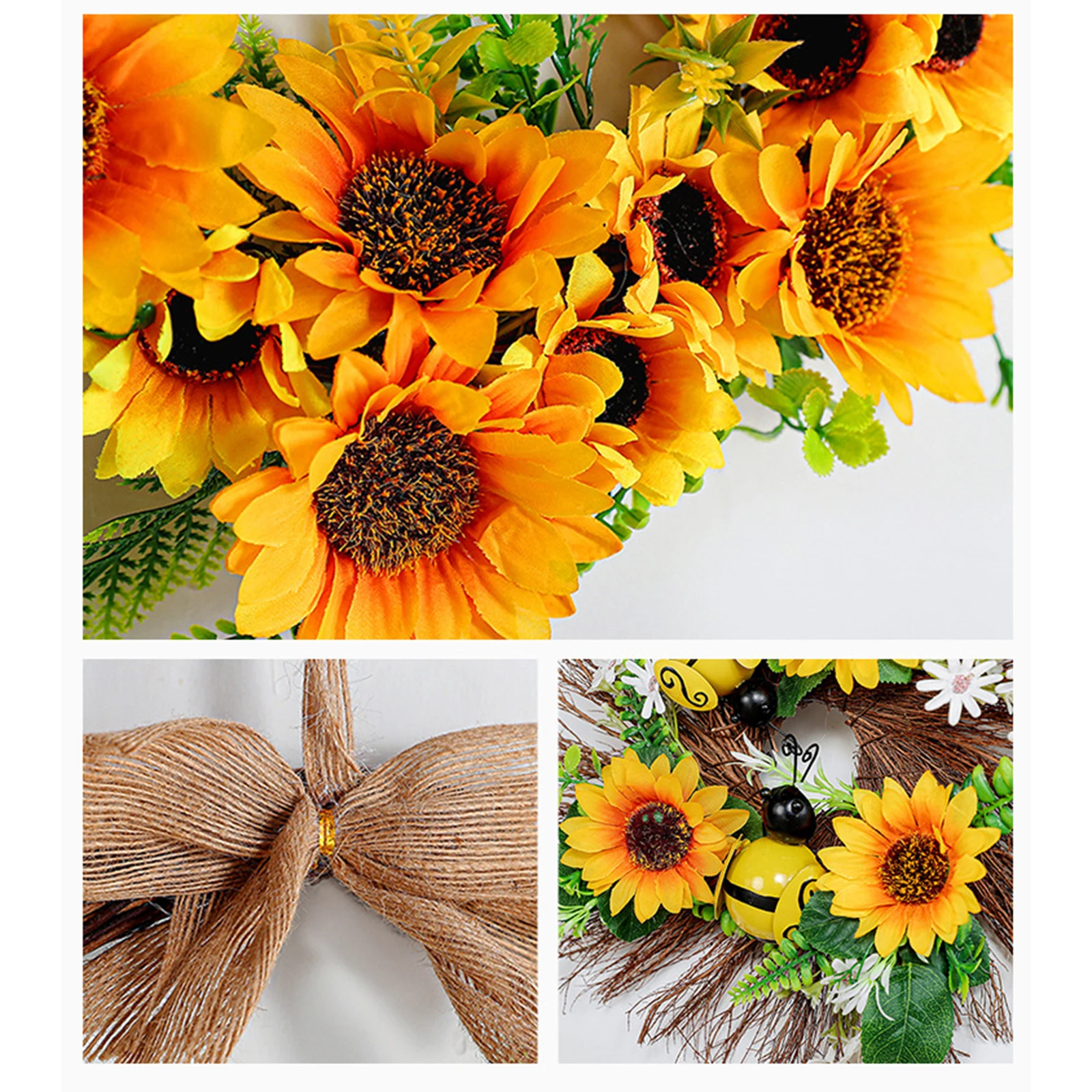 Sunflower Wreath Artificial Garland Spring Summer Wreaths Grapevine Wreath Green Leaves For Home Front Door Wedding Party Decor