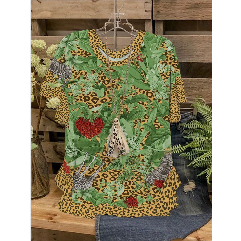 

Новинка, женские футболки с леопардовым принтом, модная крутая одежда с жирафом, y2k, женские летние топы с круглым вырезом и рукавами в стиле пэчворк