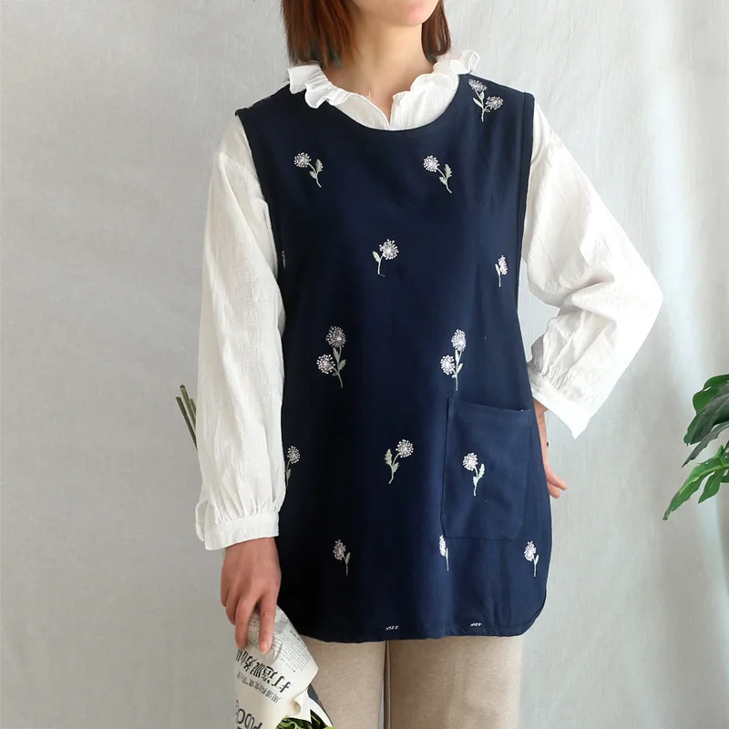 

Apron Vest Embroider Pullover Round Neck Sleeveless Japanese Solid Color Same Style for Parents and Children Kitchen Apron