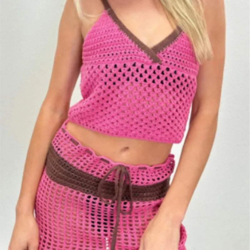 

Pareos And Kimonos Beach Women Cover Up For The Sea Knit Summer Suit Tong Couture Neck Sleeveless Vest Skirt Two Piece Sexy