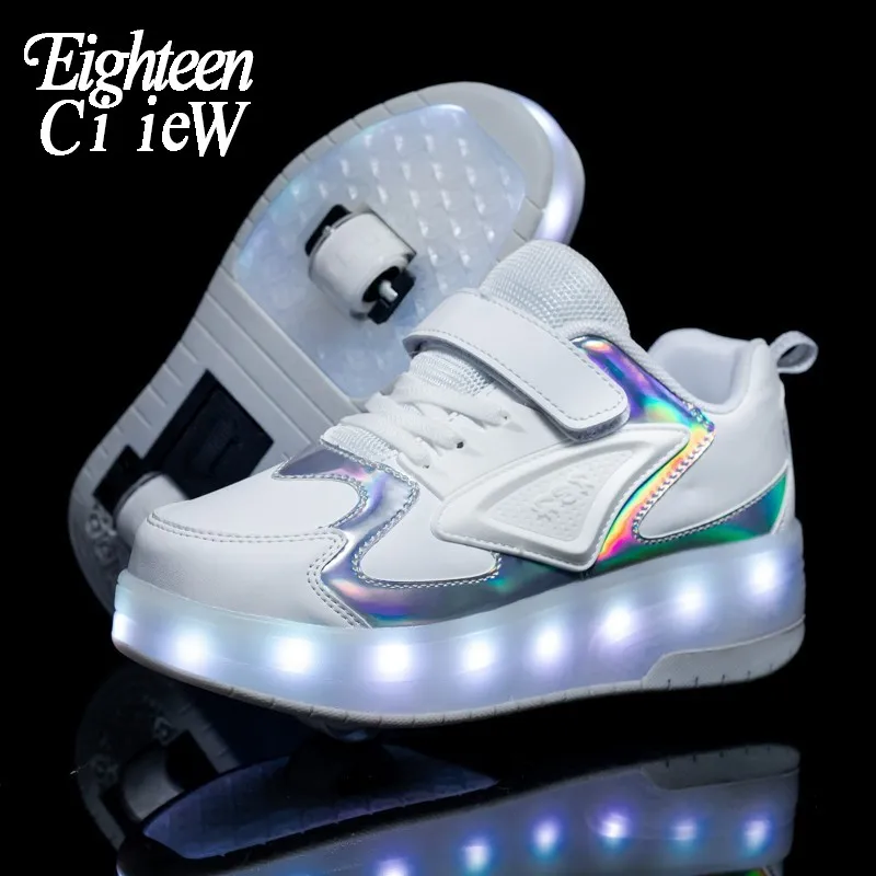 

Size28-40 Glowing Roller Shoes for Kids White Sport Shoes Luminous Sneakers Children Shoes Roller Skates with Light Up Sneakers