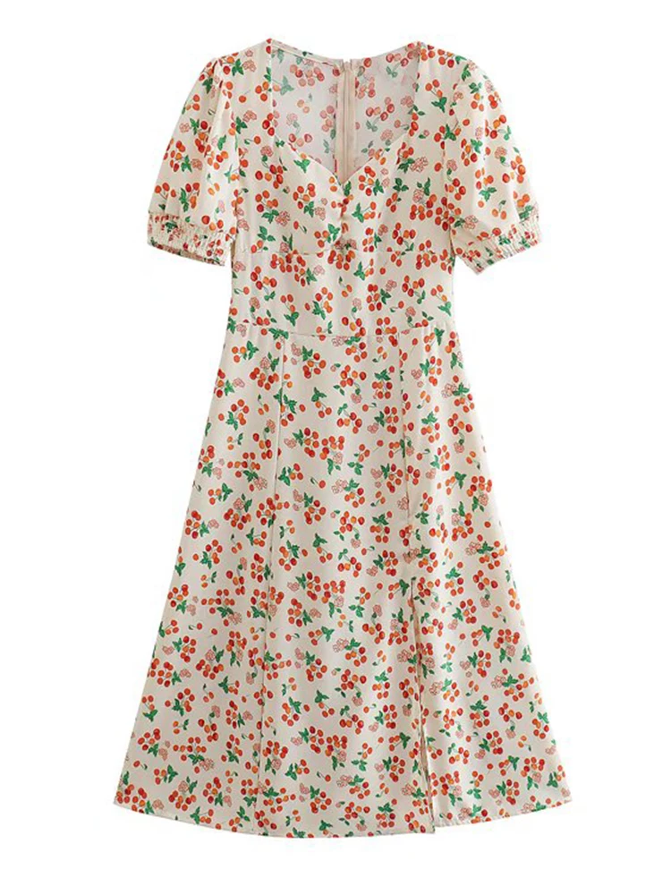 

2022 Women Cherry Print Sexy Slits Dress French Style Vintage Puff Short Sleeve Elegant Ladies Midi Dress Summer Robe