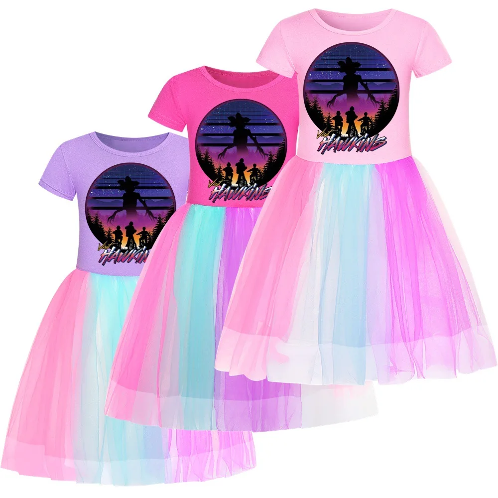 

Stranger Things 4 Kids Clothes Knee-Length Dresses Cute Cotton Gauze Full Dress Teenagers Cartoon Baby Girls Party Clothing