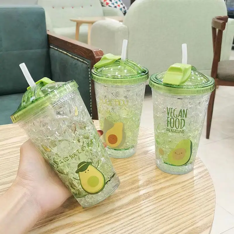 

Cartoon summer push cover ice cup creative student cold water cup double-layer avocado straw drinking water plastic cup