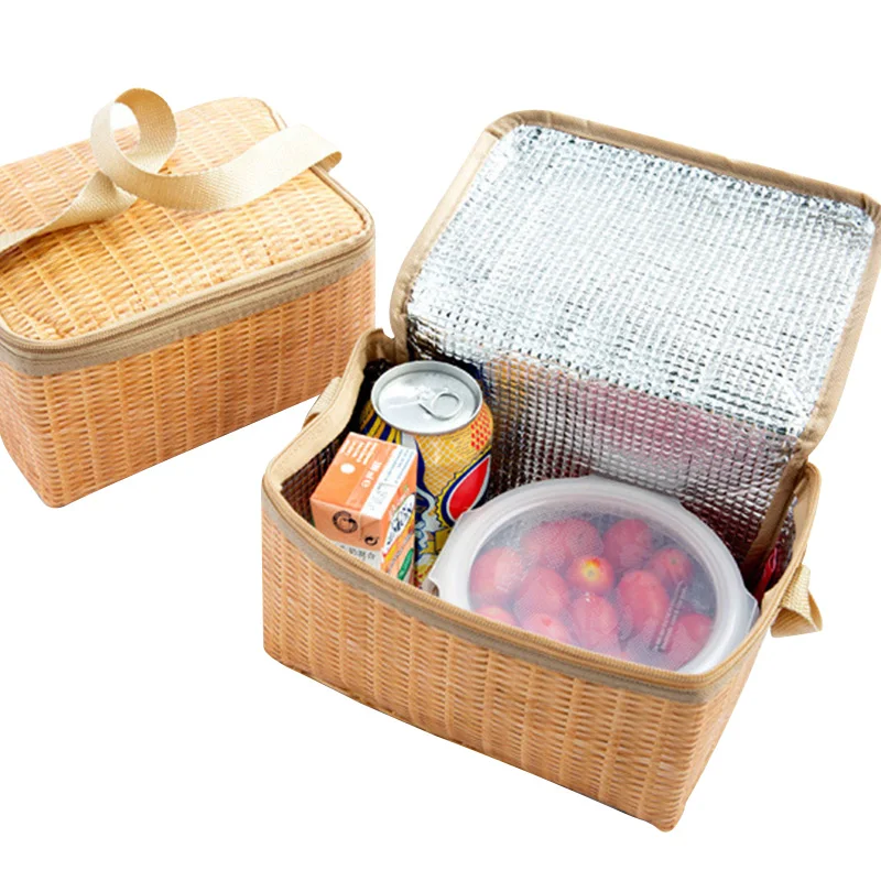 

Lunch Bags Imitation Rattan Korean Lunch Bags Portable Handbag for Kids Students Food Thermal Insulation Bag Natural Pastoral