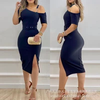 elegant office lady women dress fashion high waist casual solid color sexy off shoulder metal chain slit dress 2022 womens new