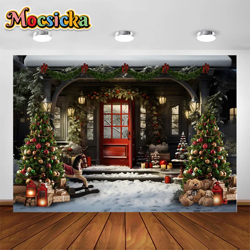 

Christmas Courtyard Backdrop For Photography Red Wooden Door Christmas Tree Gift Box Decor Kids Family Portrait Photo Background