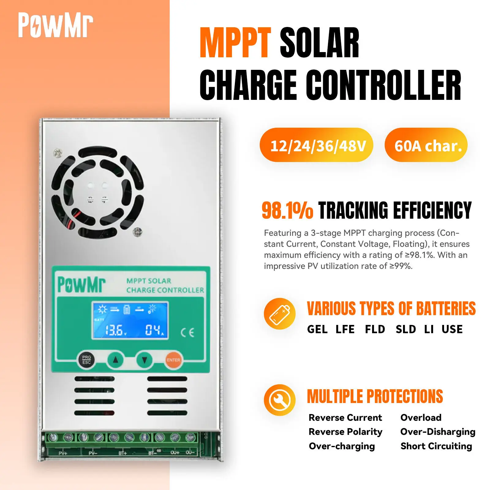 Контроллер заряда солнечной батареи PowMr 60A MPPT |