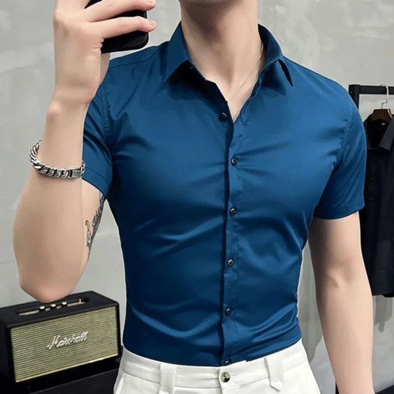 

Fashion Solid Color Shirts For Men 2022 Summer Short Sleeve Slim Shirt Male Business Formal Dress Shirts Social Tuxedo Blouse