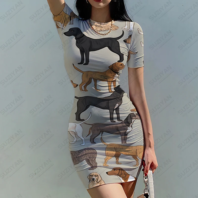 

Summer Classic Female Dress Gothic Style Short -sleeved Dress Cute Dog 3D Printed Dress Street Fashion Dress Round Neck Dress