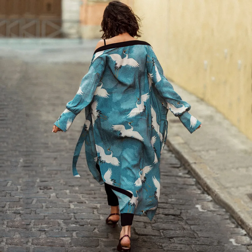 

UNINICE Kimono Green Crane Printed Cardigan Women Japanse Kleding Yukata Strand Cover Up Tops Tunic Blouses Vest Streetwear