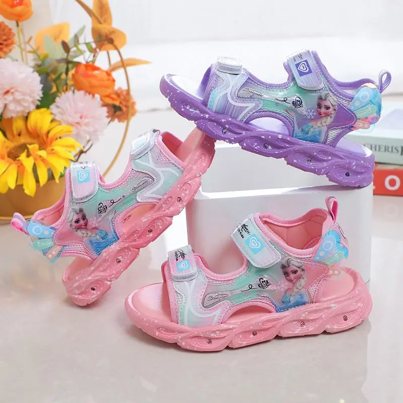 Disney Girls' Elsa Sandals Led Lights Summer Soft Sole Non slip Children's Sandals Peep Toe Princess Beach Pink Purple Shoes images - 6