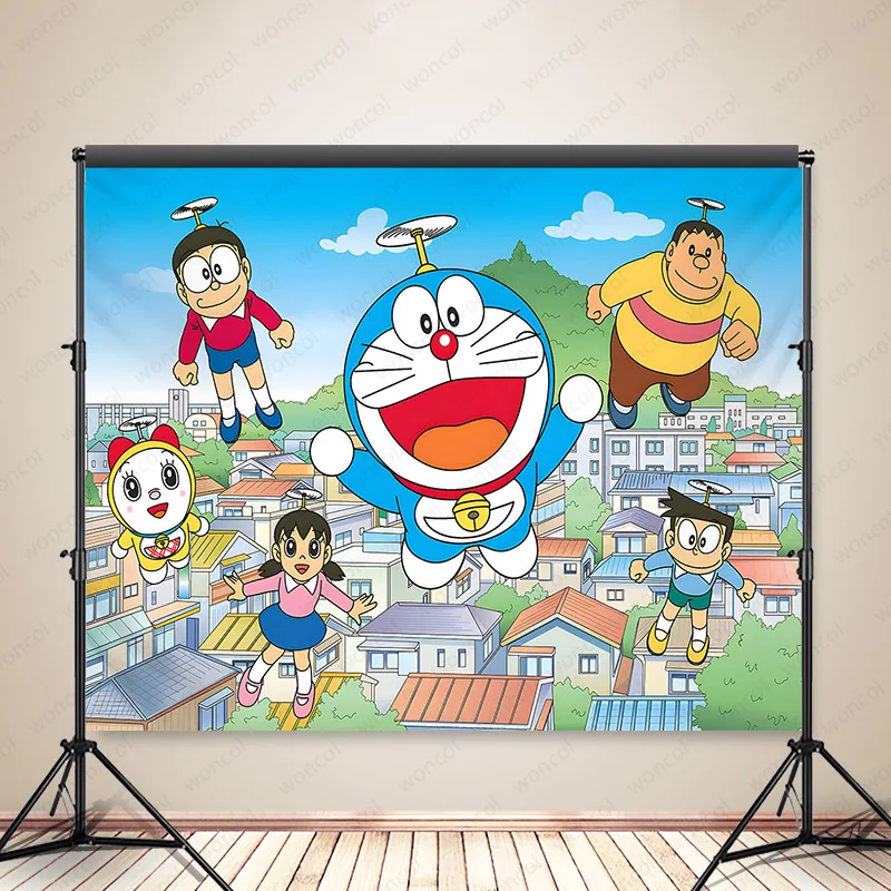 

Фон Woncol Doraemon для детской фотосъемки на день рождения, фон для фотосъемки в честь рождения ребенка, персонализированный баннер, занавеска, ре...