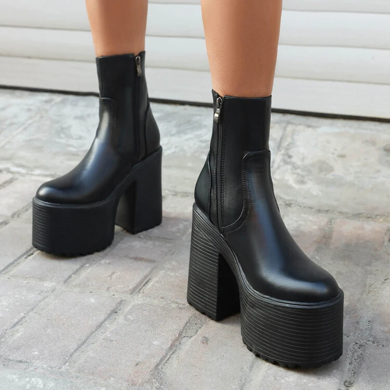Side Zipper Women Thick Sole Short Boots Block Medium Heels Shoes Round Toe High Platform Booty US Size 11 Pumps