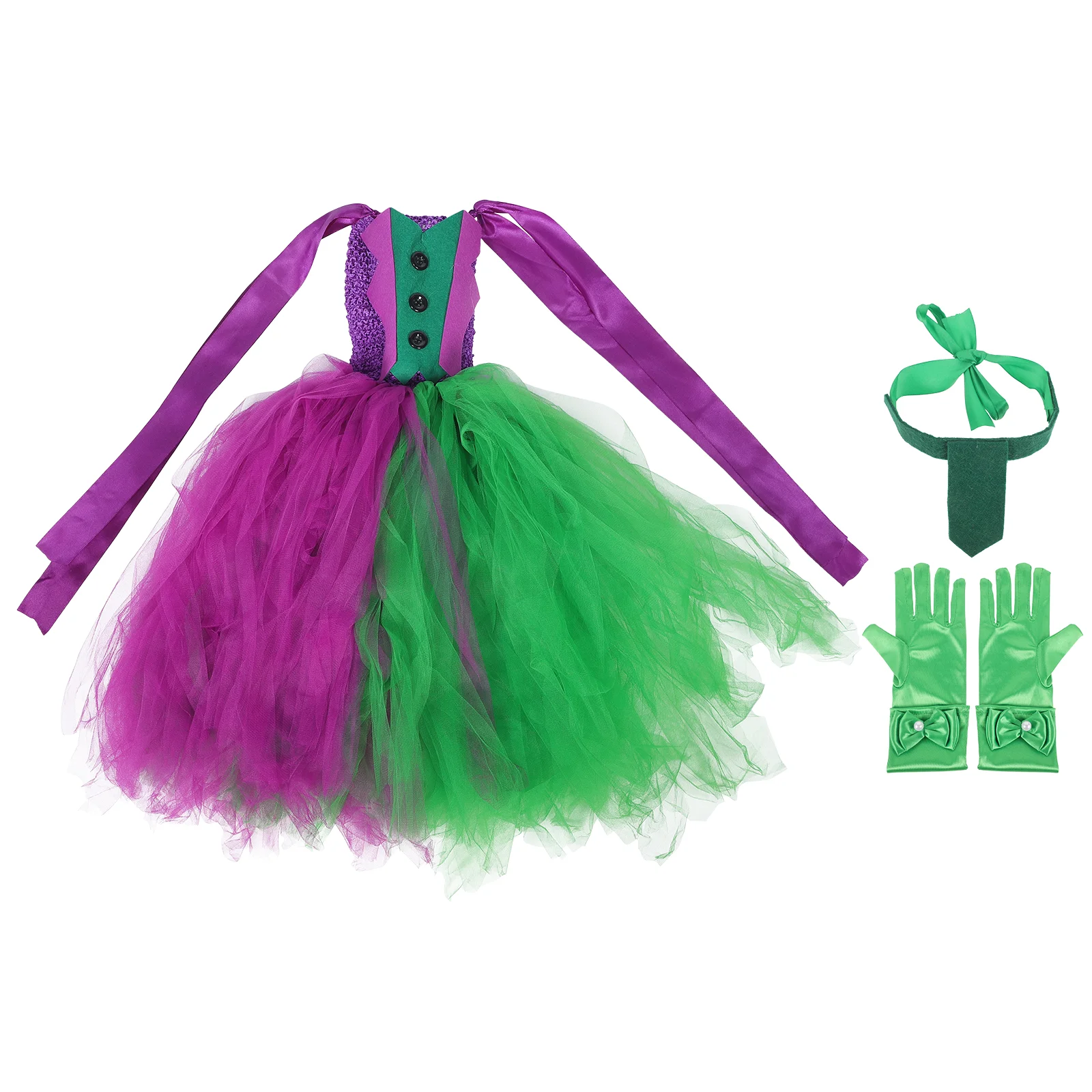 

1 Set Cosplay Clown Costume Little Girl Sleeveless Dress Decorative Gloves Necktie for Halloween