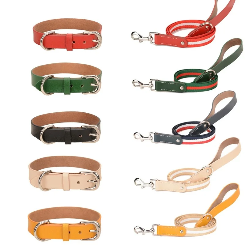 

Luxury Leathes Dog Collars Cowhide Leather Personalized Pet Dog Collar Leash Lead For Small Medium Large Dogs Pitbull Bulldog