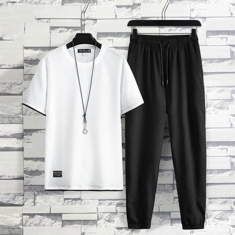 2023 Summer Ice Silk Short Sleeve T-shirt Men Leisure Set Men's Clothing Suit with Handsome Clothes Two-Piece Suit
