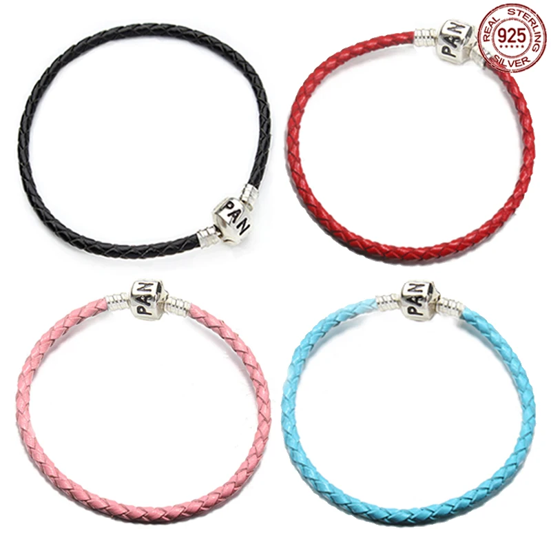 

Fashionable charm 925 sterling silver leather woven bracelet fit for original exquisite beads DIY couple jewelry gifts