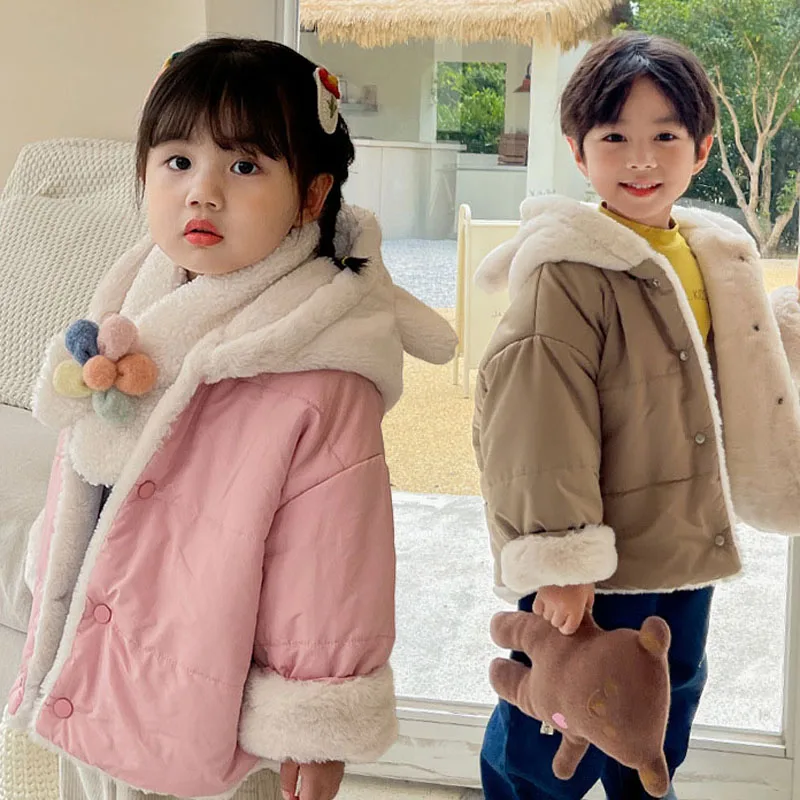 

Winter Children'S Warm Coat Plus Velvet Down Cotton Jacket Small And Medium Baby Hooded Jacket Boys Girls Plus Thick Sweater