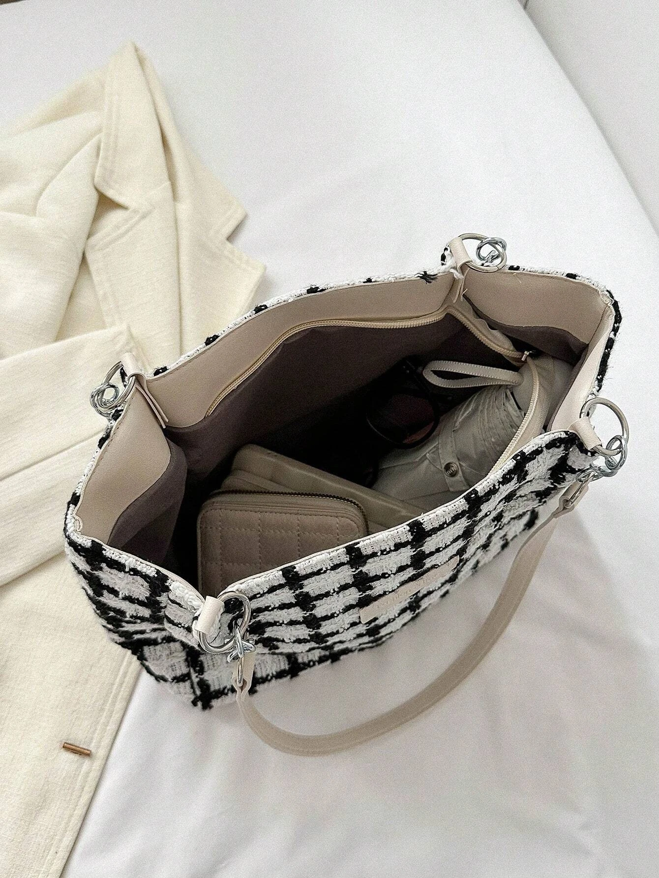 Твидовая черно-белая двухцветная клетчатая сумка простая повседневная открытая