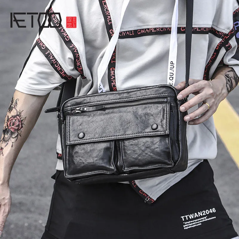 AETOO Top layer vegetable tanned leather shoulder bag, men's leather messenger bag, casual fashion mobile phone bag