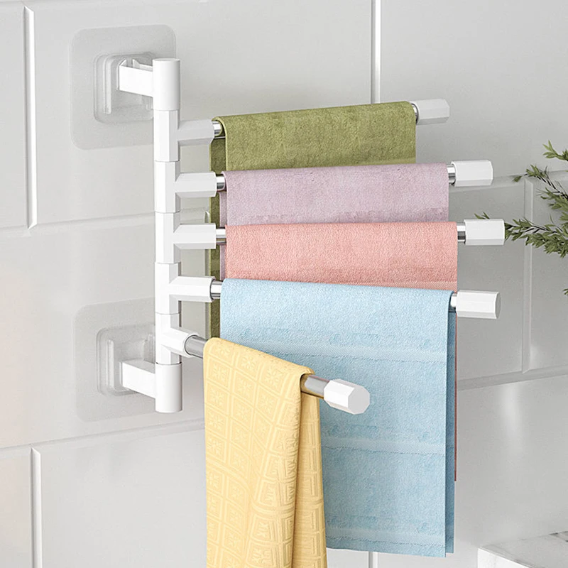 Punch-free Bathroom Bath Towel Holder Multi-bar Wall Mounted Rotating Towel Rack Cabinet Door Back Kitchen ToolHanger Shelf Rack