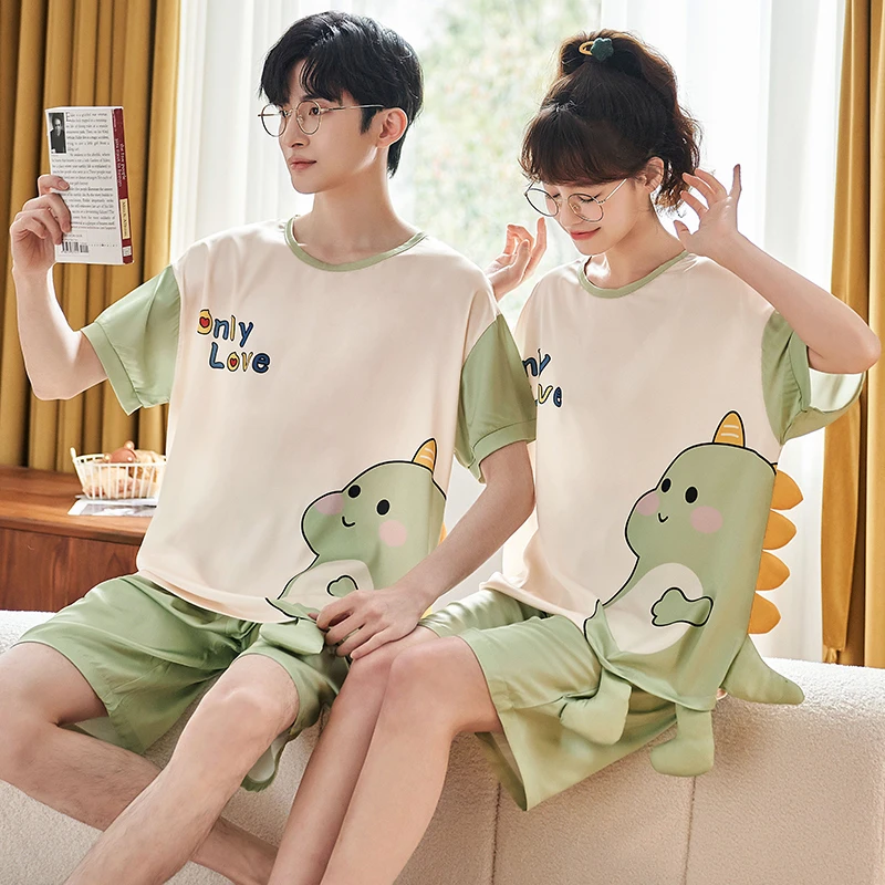 2PCS Summer Pajama Sets For Women Men Couple Sleepwear Cotton Korean Pyjama Cartoon Dinosaur Pattern Pijama Mujer Casual Clothes