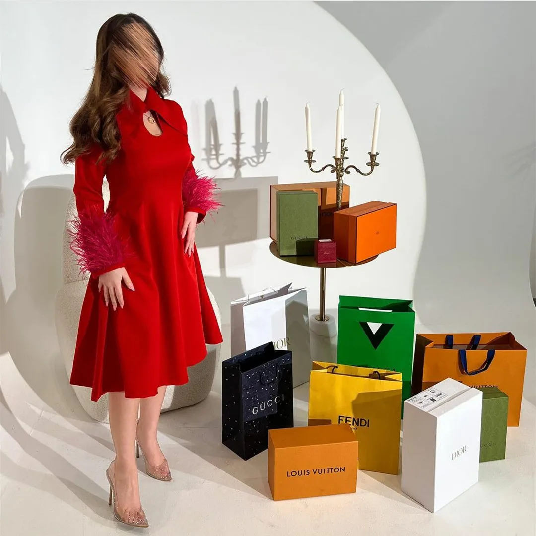 

Honeyed 2023 Vintage Short Red Evening Dresses With Feathers A-Line Crepe Tea Length فساتين سهرة Prom Formal Dress for Women