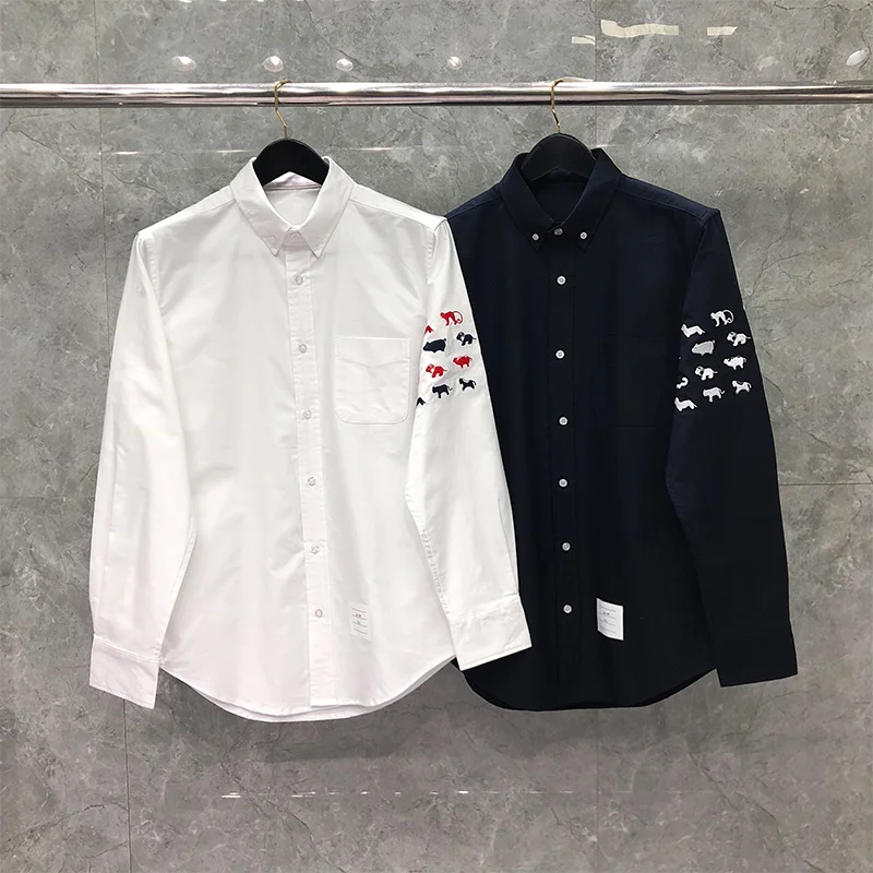 

THOM Spring Autunm Fashion Brand Men's Animal Embroidery Striped Casual Cotton Oxford Custom Wholesale TB Shirt