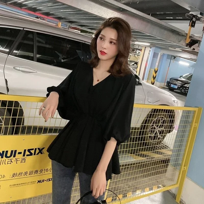 Зеленый свободный белый шифоновый топ для женщин черные женские рубашки и блузки