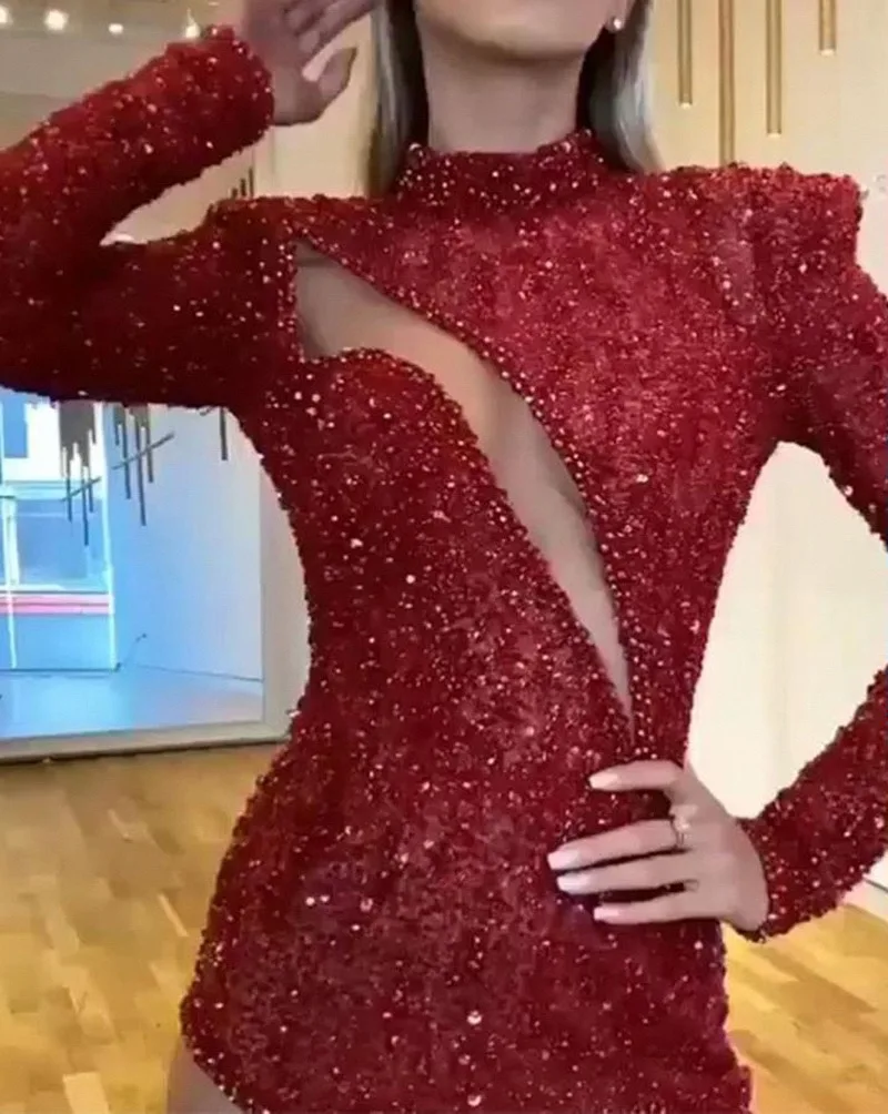 2022 New Style Women's Evening Full Dress Red Sequin Long Sleeve Full Dresses For Women bridesmaid Dress Prom Party Club Dress