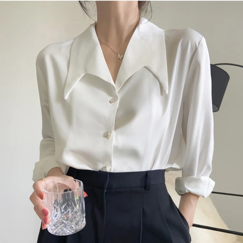 

Spring Summer Fashion Female Single-breasted Long Sleeve Loose Chiffon Blouse Tops Women Casual Shirts Office Lady White Shirts