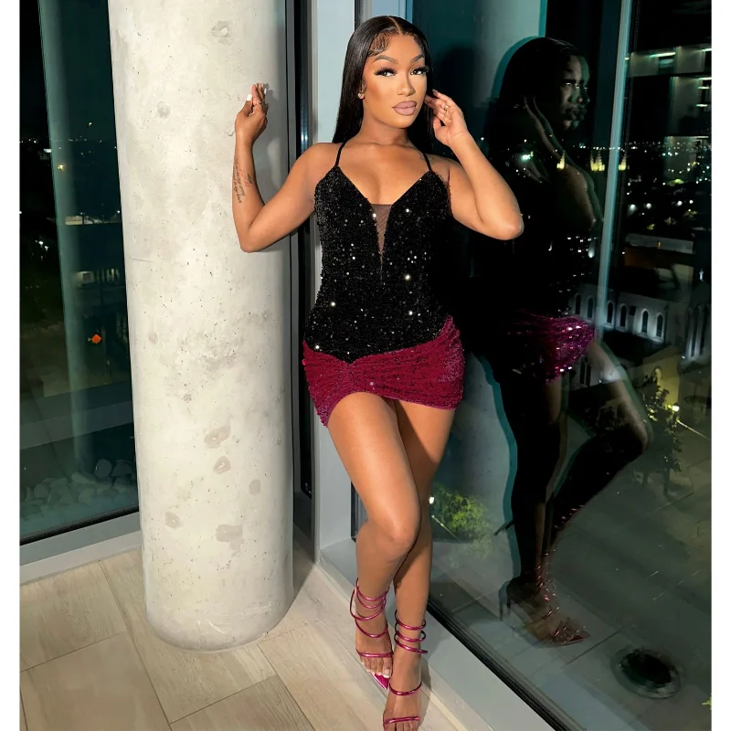 

Женское летнее коктейльное платье с блестками, элегантное облегающее вечернее платье на бретелях без рукавов с V-образным вырезом и высокой талией