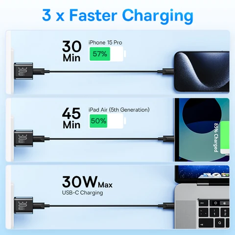 Зарядное устройство Baseus 30W GaN для iPhone 16 15 14 13 12 Pro Max USB C с поддержкой PD QC PPS