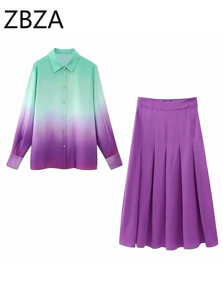 

ZBZA Women Print Skirts Sets 2023 New Fashion Print Tie-dye Shirts Tops + Midi Skirts Elegant 2 Pieces Set Womens Suits