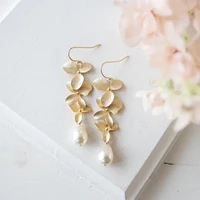 cream teardrop pearl bridal earrings ivory pearl earrings gold cascading orchid flower earrings white pearl wedding earrings