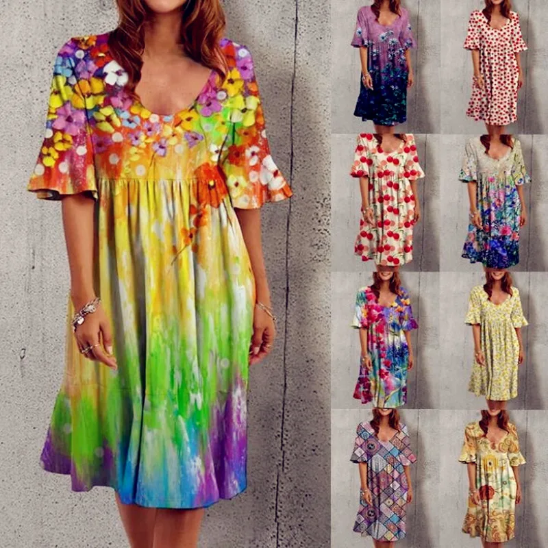 

Летнее женское пляжное винтажное платье с коротким рукавом в стиле бохо, повседневные свободные женские Платья с цветочным рисунком и оборками