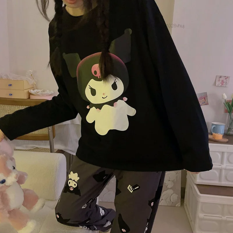 Sanrio Kuromi Pajamas Y2k New Korean Autumn Kawaii Two Piece Sleepwear Women Soft Home Wear Girl Christmas Birthday Gift Clothes