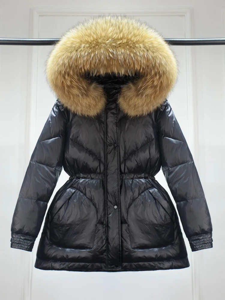 Waterproof Winter Women's Puffer Jacket 2023 Shiny Female Parkas 90% Duck Down Coat Hooded with Large Real Raccoon Fur
